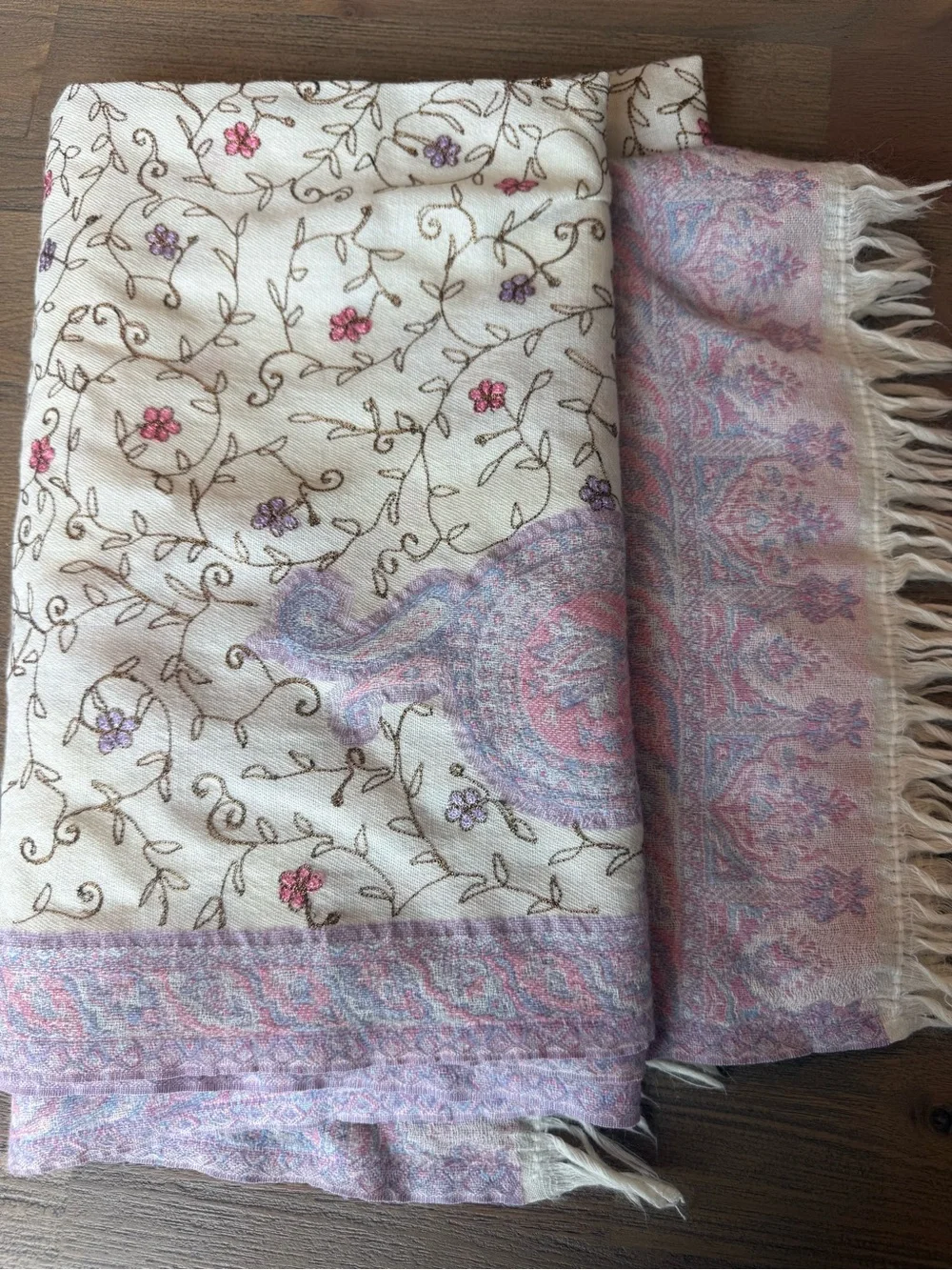 Abrol 100% Pure New Wool Shawl Pastel Paisley Floral Gold Thread Fringe Wrap